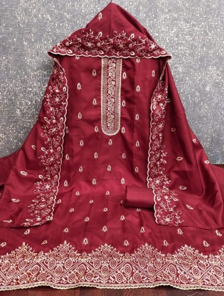 Maroon Jalpari Silk Dress Material with Multi Embroidery Work and Designer Dupatta Color Set Matching Dress Material Wholesale