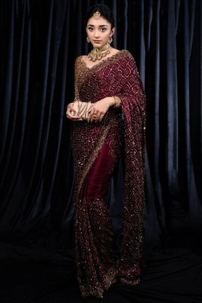 Maroon Kasturi Silk Georgette Saree with Dori Zari Sequins Work for Wedding Wear Designer Wedding Sarees Wholesale