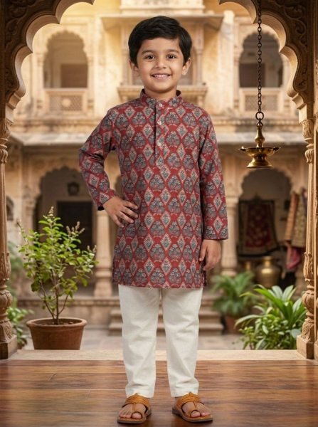 Maroon Kids Printed Cotton Kurta Pyjama Set for Festive Wear at Manufacturer Rate Boys Wear