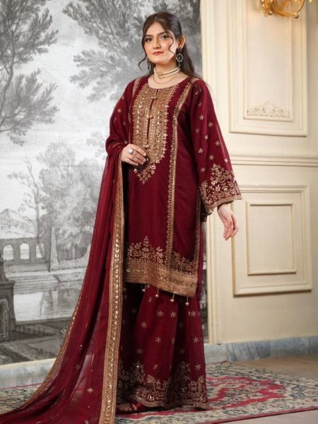 Maroon Majesty Heavy Embroidered Sharara Suit with Gold Net Dupatta  Ready To Wear Suit