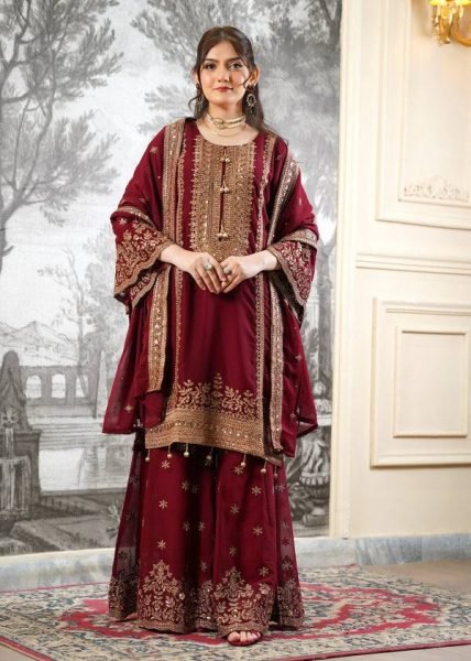 Maroon Majesty Heavy Embroidered Sharara Suit with Gold Net Dupatta  Ready To Wear Collection