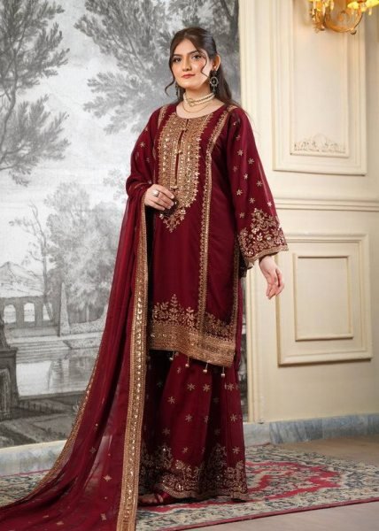 Maroon Majesty Heavy Embroidered Sharara Suit with Gold Net Dupatta  Ready To Wear Collection