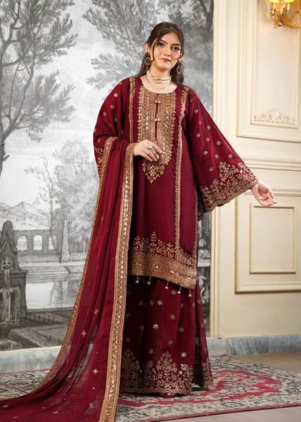 Maroon Majesty Heavy Embroidered Sharara Suit with Gold Net Dupatta  Ready To Wear Collection