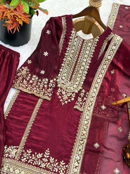 Maroon Majesty Heavy Embroidered Sharara Suit with Gold Net Dupatta  Ready To Wear Collection