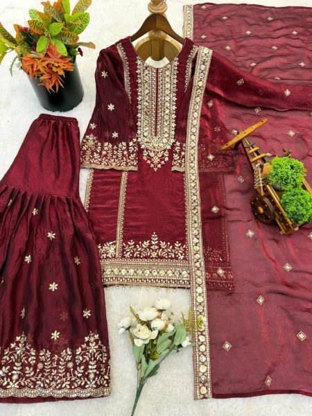 Maroon Majesty Heavy Embroidered Sharara Suit with Gold Net Dupatta  Ready To Wear Collection