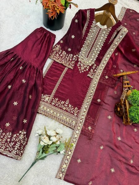 Maroon Majesty Heavy Embroidered Sharara Suit with Gold Net Dupatta  Ready To Wear Collection