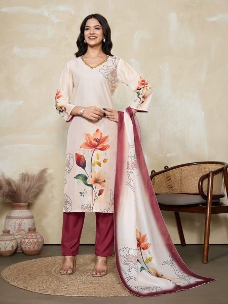 Maroon Muslin Silk Floral Print Kurta with Contrast Pant and Dupatta Elegant Celebration Ensemble 3 Piece Kurti Set