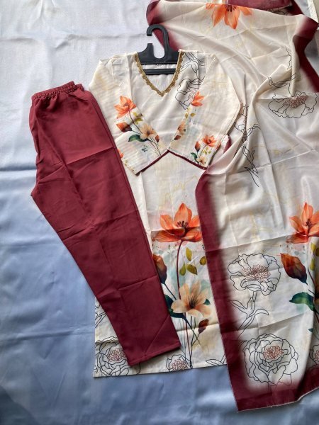 Maroon Muslin Silk Floral Print Kurta with Contrast Pant and Dupatta Elegant Celebration Ensemble 3 Piece Kurti Set