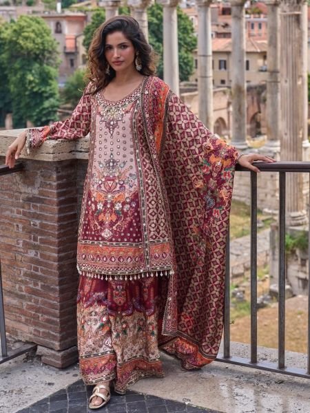 Maroon Natural Crepe Silk Printed Top and Palazzo with Designer Gota Dupatta For Diwali Festival Salwar Kameez
