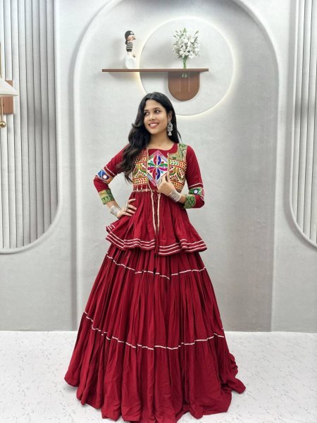 Maroon Navratri Cotton Lehenga Choli with Heavy Gamthi Work Koti and Mirror Lace  Lehenga