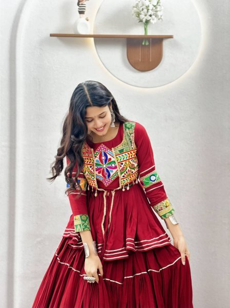 Maroon Navratri Cotton Lehenga Choli with Heavy Gamthi Work Koti and Mirror Lace Navratri Lehnega Choli