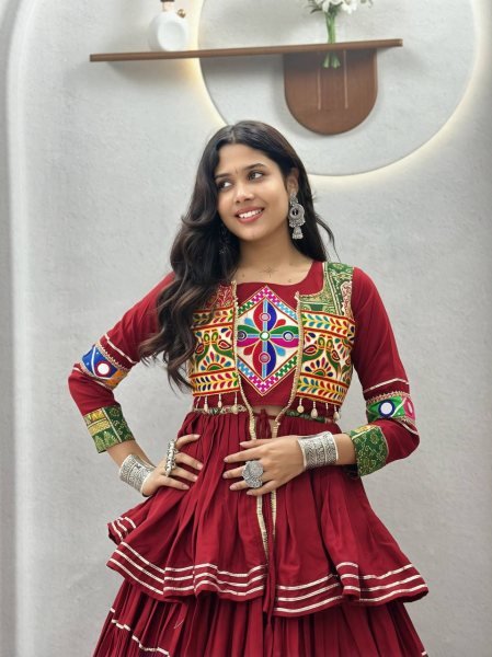 Maroon Navratri Cotton Lehenga Choli with Heavy Gamthi Work Koti and Mirror Lace Navratri Lehnega Choli