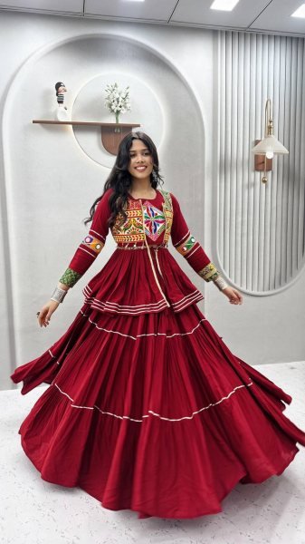 Maroon Navratri Cotton Lehenga Choli with Heavy Gamthi Work Koti and Mirror Lace Navratri Lehnega Choli