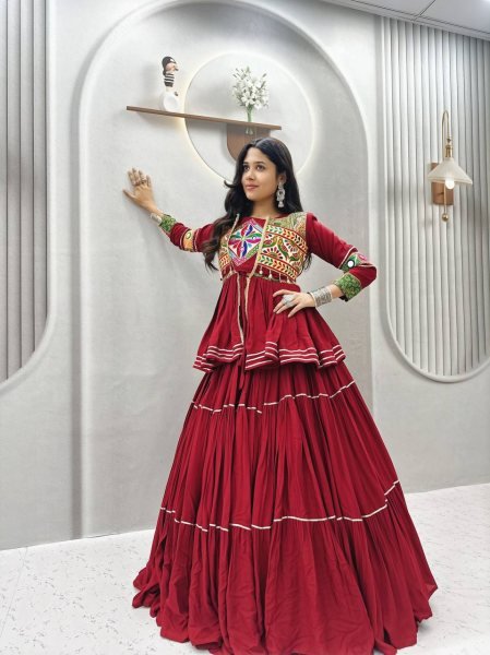 Maroon Navratri Cotton Lehenga Choli with Heavy Gamthi Work Koti and Mirror Lace Navratri Lehnega Choli