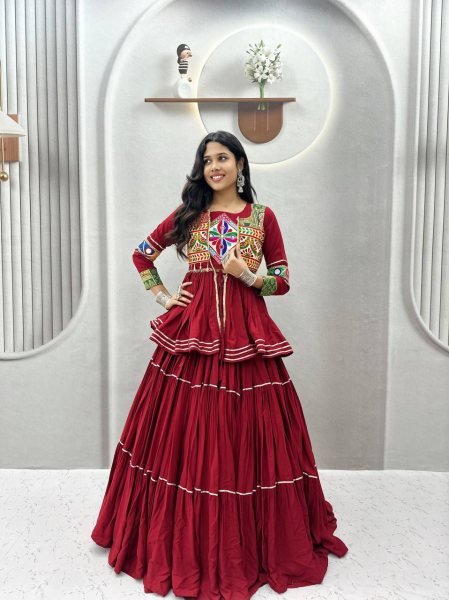 Maroon Navratri Cotton Lehenga Choli with Heavy Gamthi Work Koti and Mirror Lace Navratri Lehnega Choli