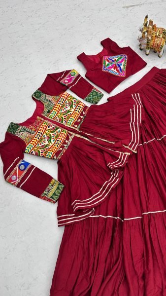 Maroon Navratri Cotton Lehenga Choli with Heavy Gamthi Work Koti and Mirror Lace Navratri Lehnega Choli