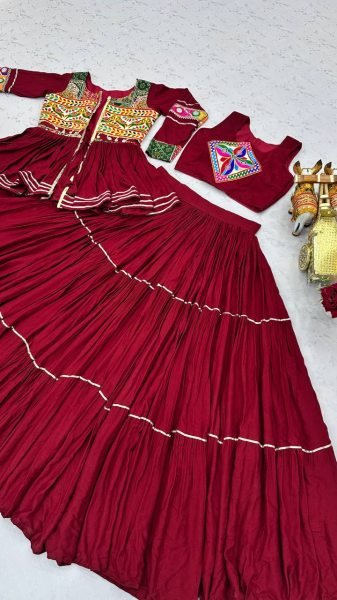 Maroon Navratri Cotton Lehenga Choli with Heavy Gamthi Work Koti and Mirror Lace Navratri Lehnega Choli