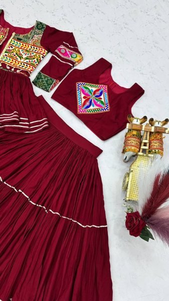 Maroon Navratri Cotton Lehenga Choli with Heavy Gamthi Work Koti and Mirror Lace Navratri Lehnega Choli