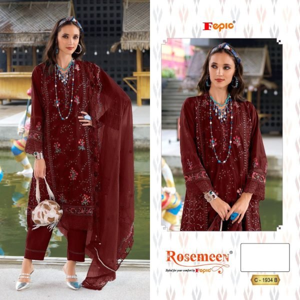 Maroon Pakistani Suit in Organza with Heavy Embroidery Fepic Rosemeen C 1934 B Pakistani Suits Wholesale
