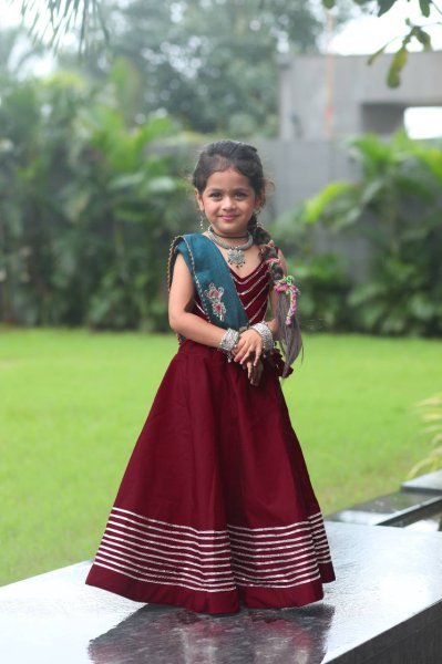 Maroon Premium Roman Silk Kids Garba Lehenga Choli Festive Celebration Wear Girls Wear