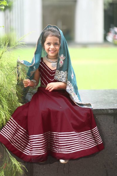 Maroon Premium Roman Silk Kids Garba Lehenga Choli Festive Celebration Wear Girls Wear