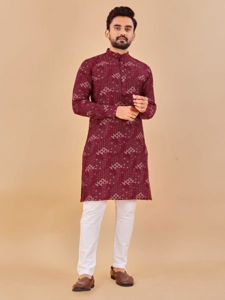 Maroon Premium Soft Cotton Foil Print Kurta Collection 