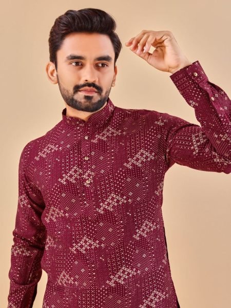 Maroon Premium Soft Cotton Foil Print Kurta Collection Kurta Pajama Wholesale