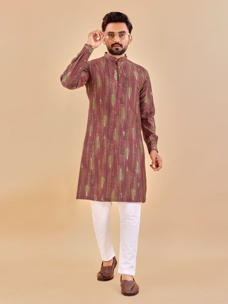 maroon  Premium Soft Cotton Foil Print Kurta Pajama Wholesale
