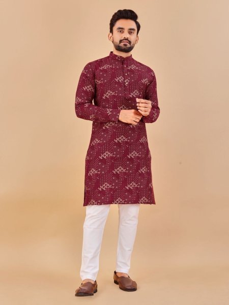 Maroon Premium Soft Cotton Foil Print Kurta Collection Kurta Pajama Wholesale