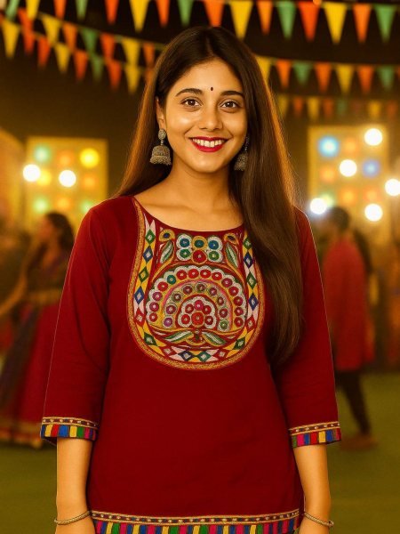 Maroon Rayon Short Festival Top with Gamthi Embroidery and Mirror Work Navratri Special