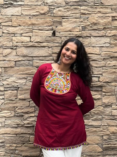 Maroon Rayon Short Festival Top with Gamthi Embroidery and Mirror Work Navratri Special Navratri Collection