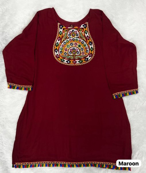 Maroon Rayon Short Festival Top with Gamthi Embroidery and Mirror Work Navratri Special Navratri Collection
