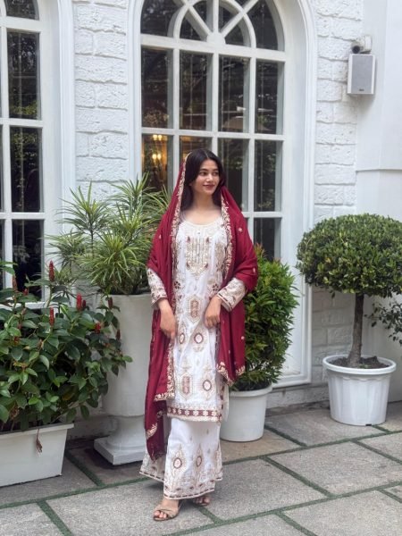 Maroon Regal Sequin Embroidered Chinon Silk Shalwar Suit Set For Wedding Guests at Manufacturer Rate Ready To Wear Collection