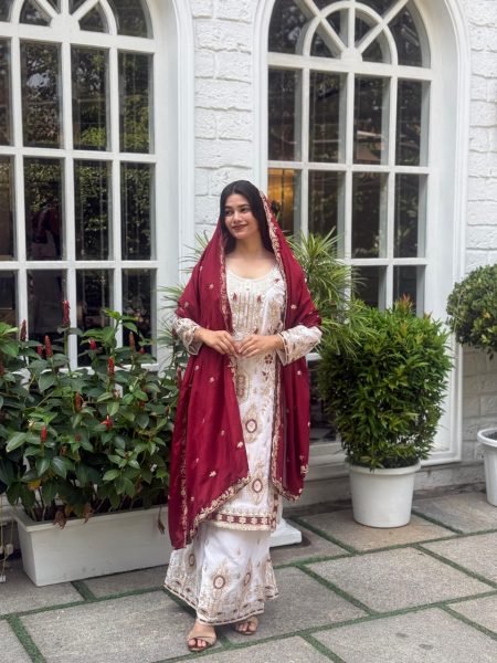 Maroon Regal Sequin Embroidered Chinon Silk Shalwar Suit Set For Wedding Guests at Manufacturer Rate Ready To Wear Collection