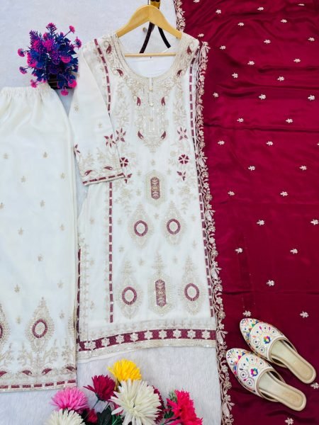 Maroon Regal Sequin Embroidered Chinon Silk Shalwar Suit Set For Wedding Guests at Manufacturer Rate Ready To Wear Collection