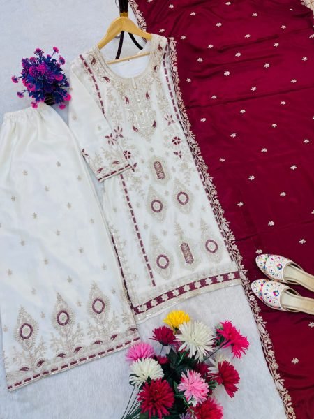 Maroon Regal Sequin Embroidered Chinon Silk Shalwar Suit Set For Wedding Guests at Manufacturer Rate Ready To Wear Collection