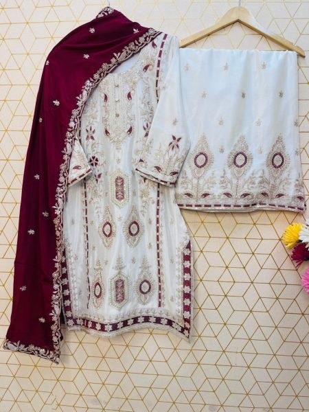 Maroon Regal Sequin Embroidered Chinon Silk Shalwar Suit Set For Wedding Guests at Manufacturer Rate Ready To Wear Collection