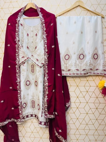 Maroon Regal Sequin Embroidered Chinon Silk Shalwar Suit Set For Wedding Guests at Manufacturer Rate Ready To Wear Collection