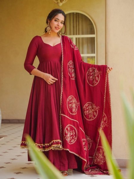 Lavish Maroon Roman Silk Anarkali Suit Set with Fancy Lace Palazzo Chanderi Silk Dupatta Ready To Wear Suit