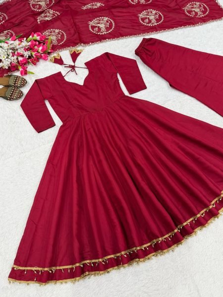 Lavish Maroon Roman Silk Anarkali Suit Set with Fancy Lace Palazzo Chanderi Silk Dupatta Ready To Wear Collection