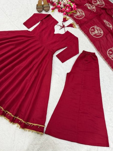 Lavish Maroon Roman Silk Anarkali Suit Set with Fancy Lace Palazzo Chanderi Silk Dupatta Ready To Wear Collection