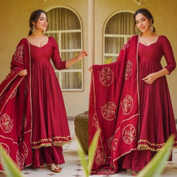 Lavish Maroon Roman Silk Anarkali Suit Set with Fancy Lace Palazzo Chanderi Silk Dupatta Ready To Wear Collection