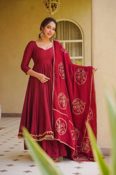 Lavish Maroon Roman Silk Anarkali Suit Set with Fancy Lace Palazzo Chanderi Silk Dupatta Ready To Wear Collection