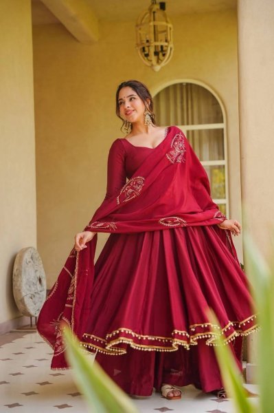 Lavish Maroon Roman Silk Anarkali Suit Set with Fancy Lace Palazzo Chanderi Silk Dupatta Ready To Wear Collection