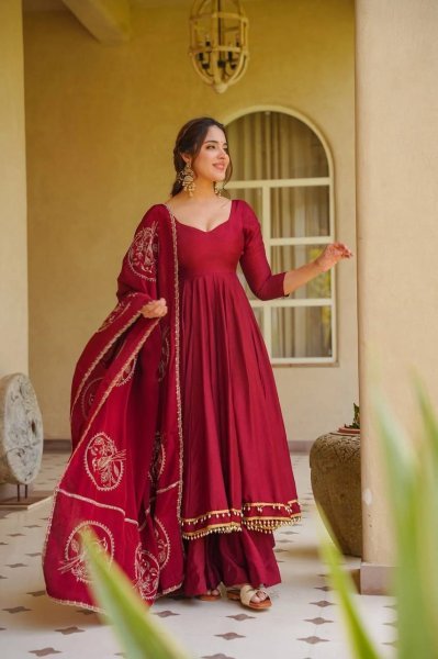 Lavish Maroon Roman Silk Anarkali Suit Set with Fancy Lace Palazzo Chanderi Silk Dupatta Ready To Wear Collection