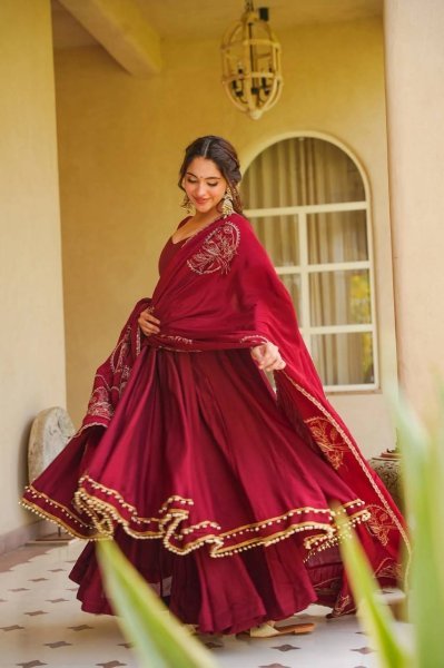 Lavish Maroon Roman Silk Anarkali Suit Set with Fancy Lace Palazzo Chanderi Silk Dupatta Ready To Wear Collection