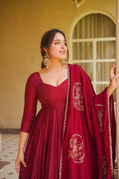 Lavish Maroon Roman Silk Anarkali Suit Set with Fancy Lace Palazzo Chanderi Silk Dupatta Ready To Wear Collection