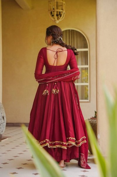 Lavish Maroon Roman Silk Anarkali Suit Set with Fancy Lace Palazzo Chanderi Silk Dupatta Ready To Wear Collection