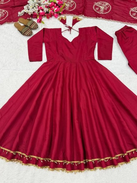 Lavish Maroon Roman Silk Anarkali Suit Set with Fancy Lace Palazzo Chanderi Silk Dupatta Ready To Wear Collection