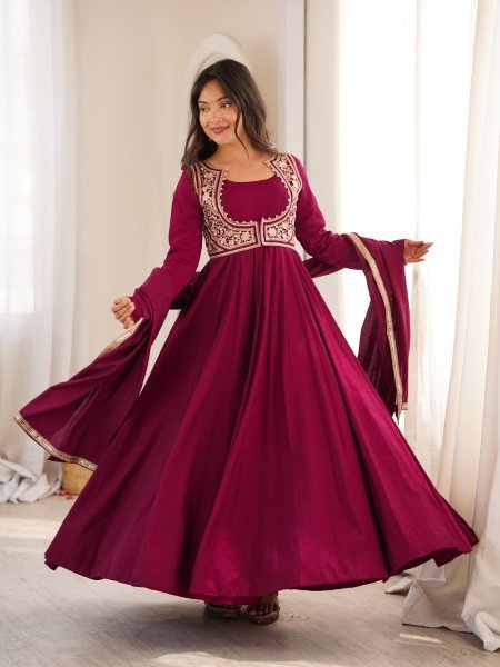 Maroon Roman Silk Chanderi Anarkali Gown with Fancy Jacket and Embroidered Dupatta 